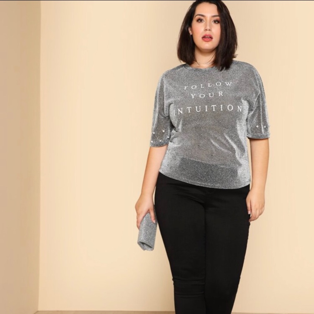 SHEIN Slogan Graphic Pearl Beaded Glitter T-Shirt